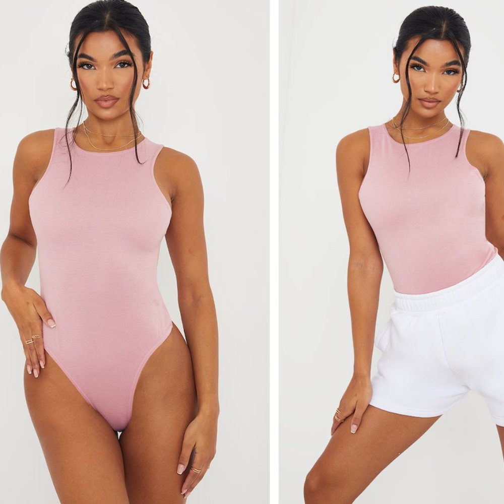 PRETTY LITTLE THING Dusty Pink Ponte Racer Back Thong Bodysuit